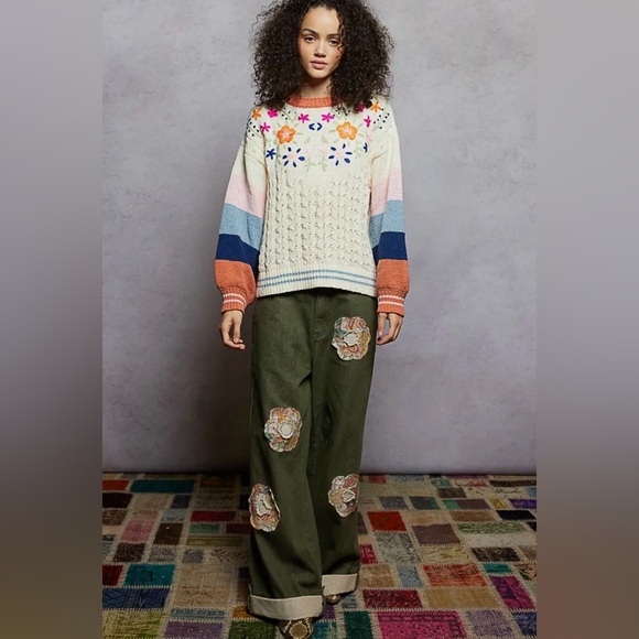 NWT Pol Floral Embroidered Color Block Chenille Sweater Balloon Sleeve Relaxed - Picture 4 of 5